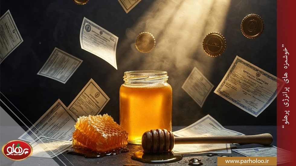 عسل طبیعی پرهلو داری گواهینامه و تاییدیه ازمایشگاه